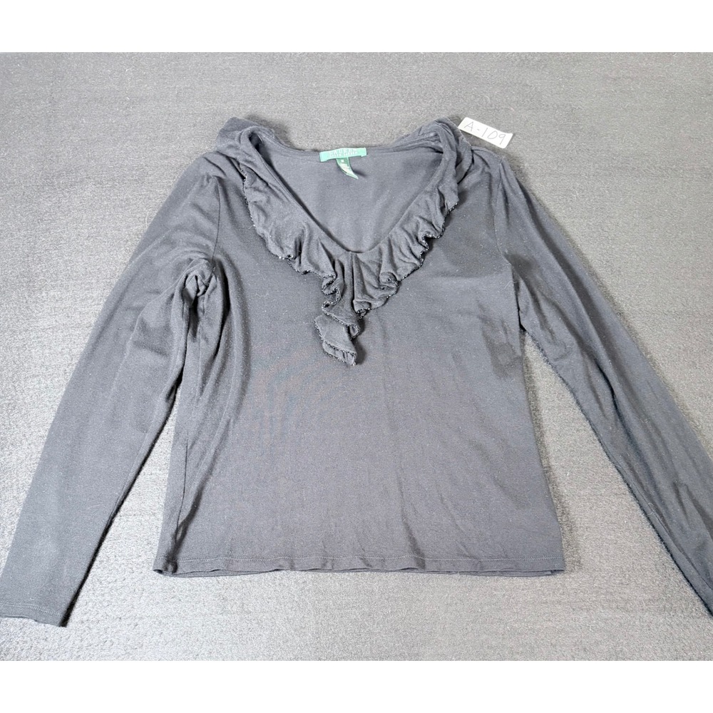 Lauren Ralph Lauren Black Ruffle V-Neck Long Sleeve Top Medium